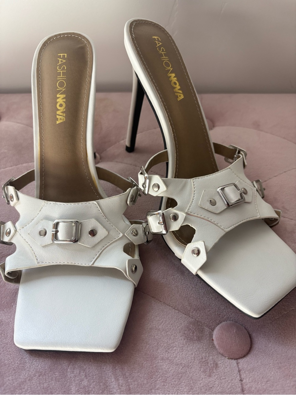 Fashion Nova White Buckled Strappy Square-Toe Stiletto Sandals